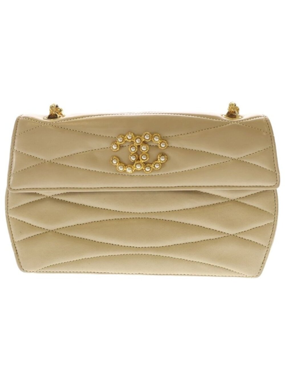 Chanel CC Logo Pearl Vintage Chain Shoulder Bag Beige Leather Gold